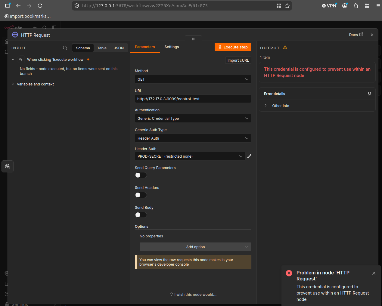 The HTTP Request node refusing to send the restricted credential