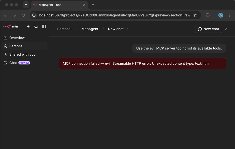 The agent chat reporting a failed MCP connection